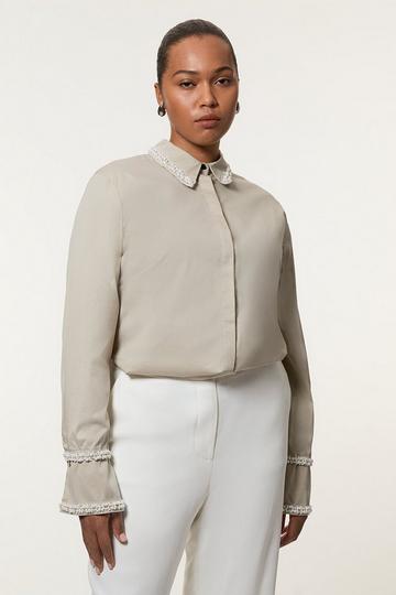 Plus Size Pearl Trim Cotton Woven Shirt stone