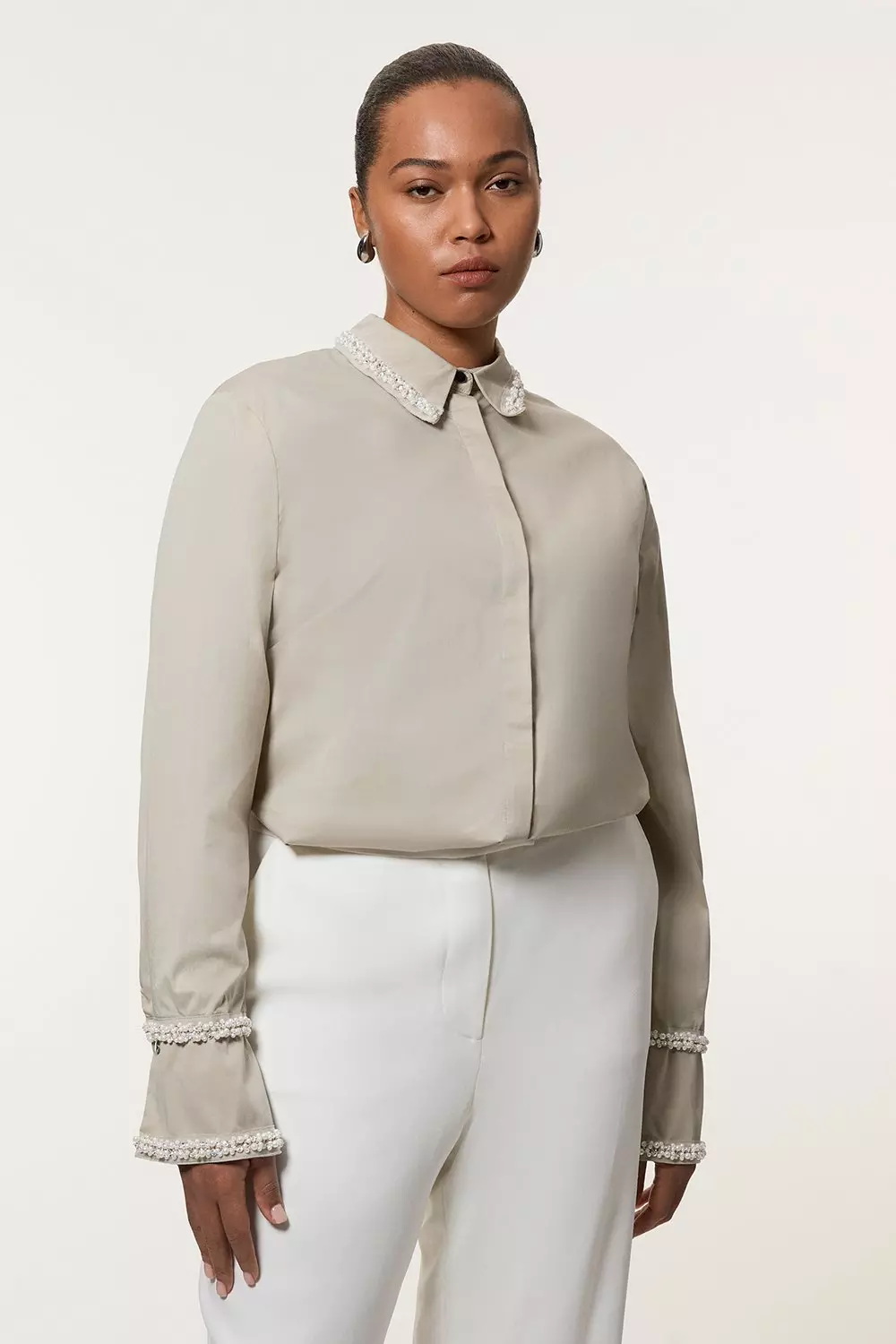 Stone Plus Size Pearl Trim Cotton Woven Shirt alternative image