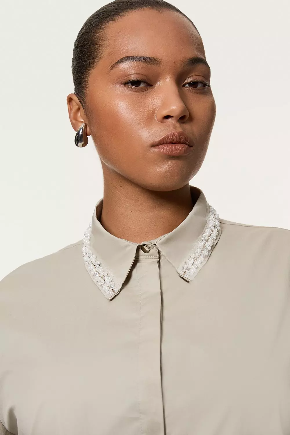 Stone Plus Size Pearl Trim Cotton Woven Shirt alternative image
