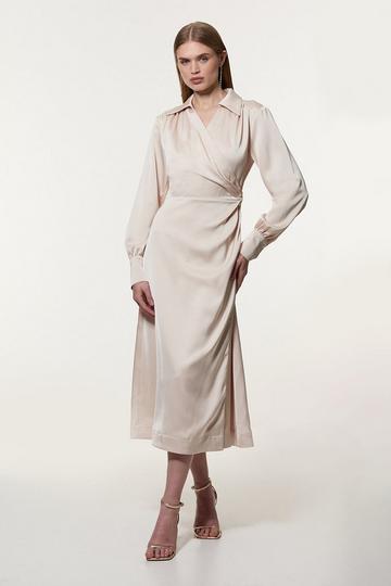 Champagne Beige Petite Satin Back Crepe Pearl Detail Wrap Maxi Dress