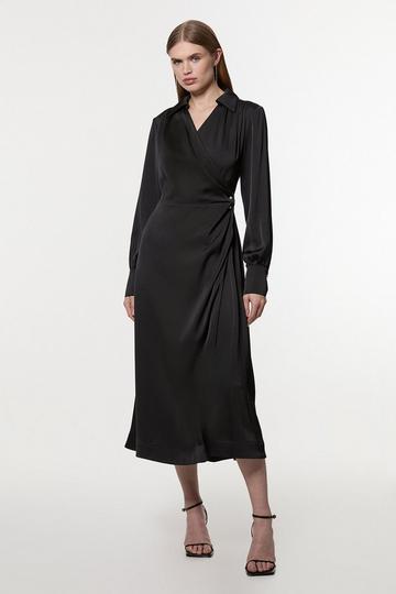 Black Satin Back Crepe Pearl Clasp Wrap Midi Dress