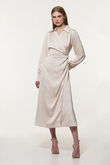 Satin Back Crepe Pearl Detail Wrap Maxi Dress champagne