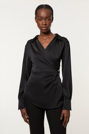 Tall Satin Back Crepe Pearl Detail Wrap Blouse black