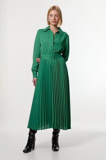 Green Petite Contrast Tipped Georgette Woven Shirt Dress