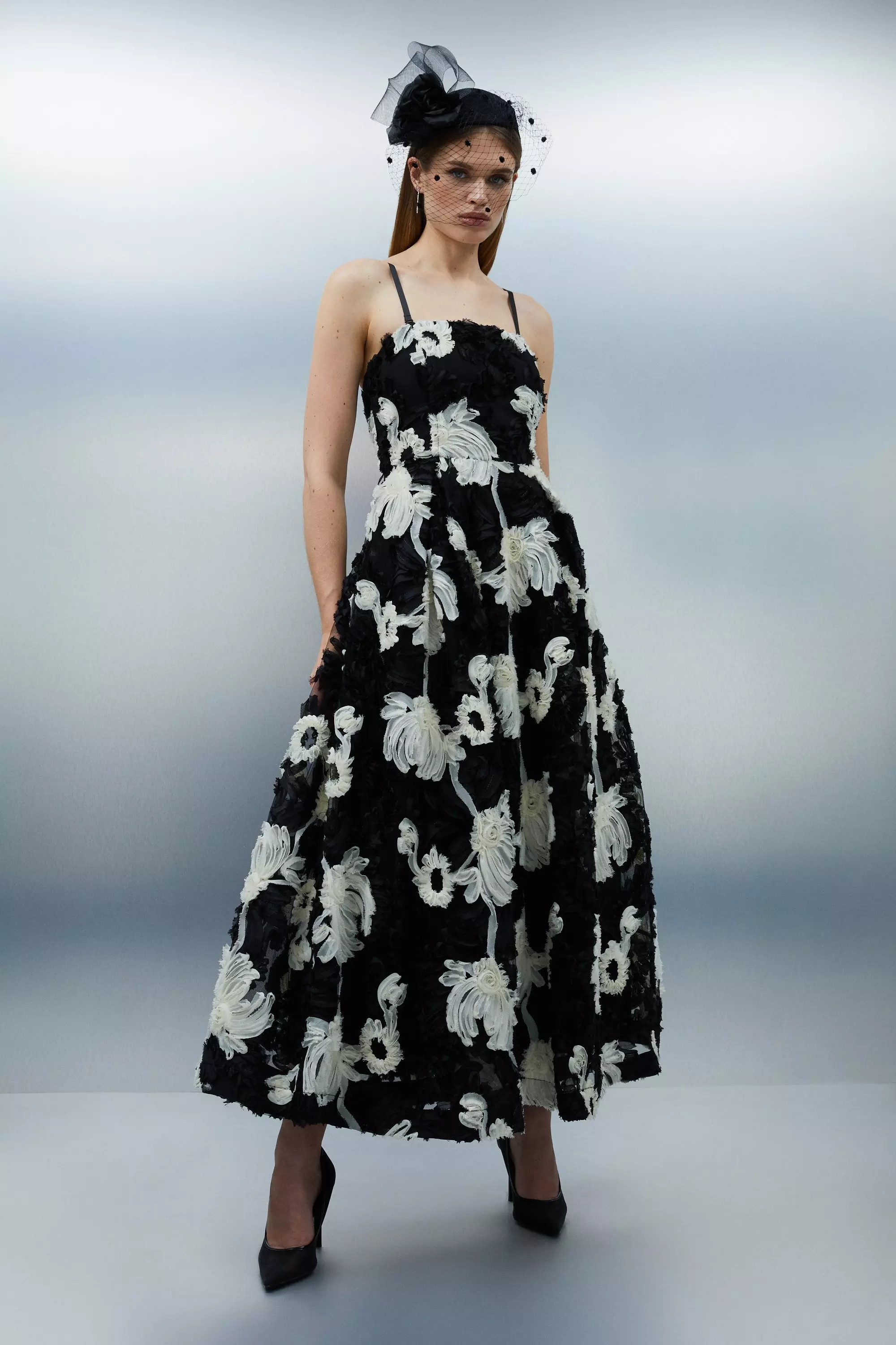 KAREN MILLEN フリルスリーブ ボタンスルー マキシドレス 花柄 Tall Crinkle Pleat Border Floral Button Front Woven Maxi