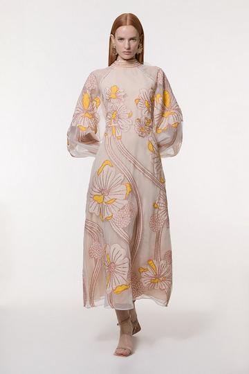Petite Applique Organdie Floral Graphic Maxi Dress yellow