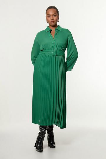 Green Plus Size Contrast Tipped Georgette Woven Shirt Dress