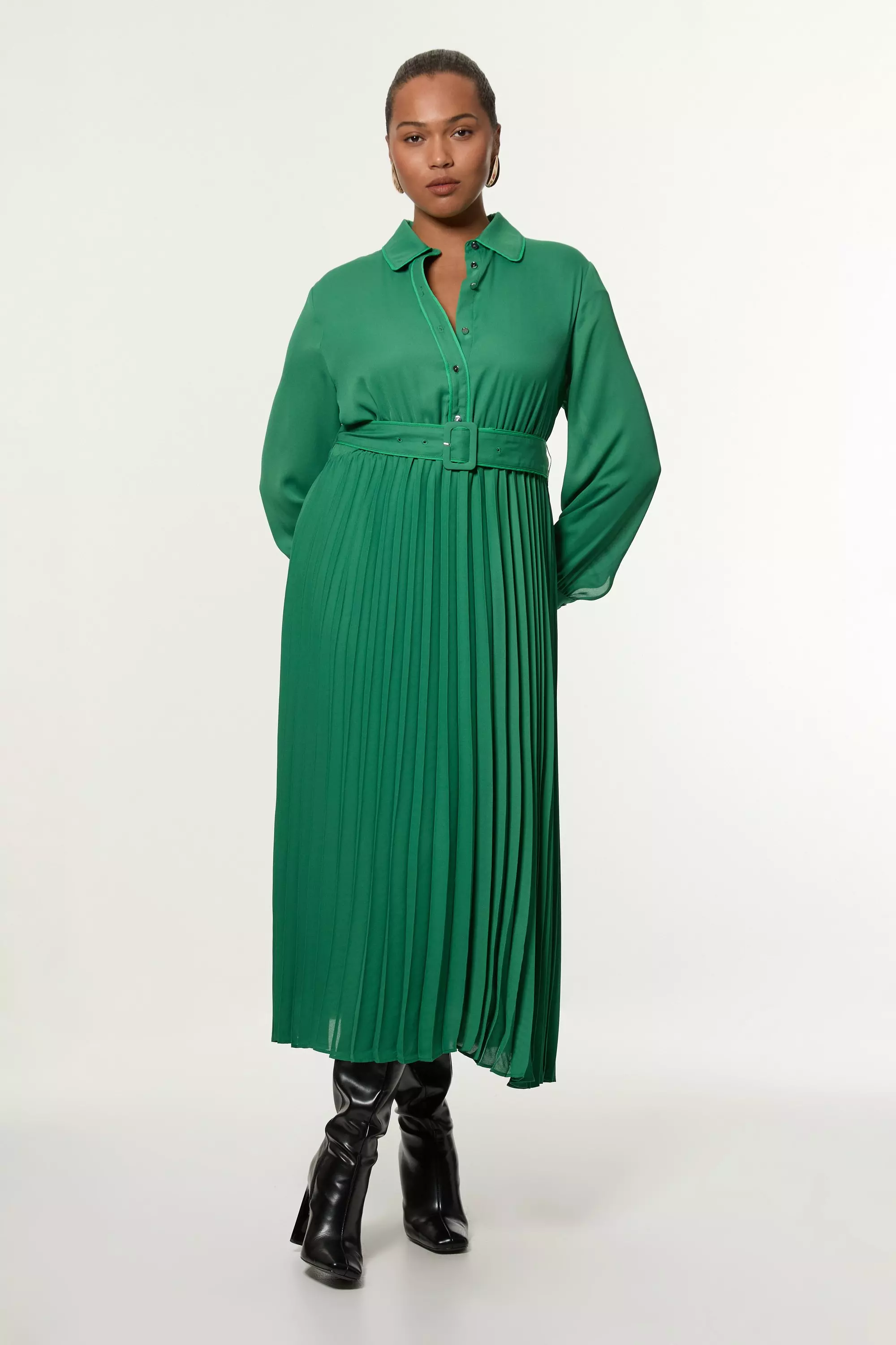 Green Plus Size Contrast Tipped Georgette Woven Shirt Dress alternative image