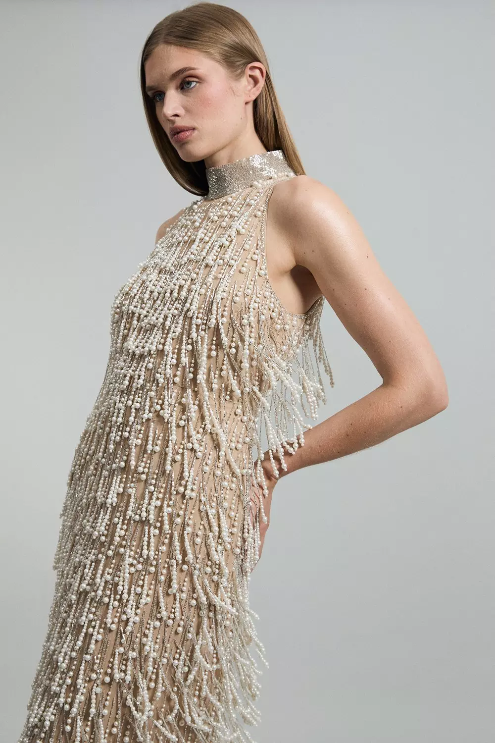 Karen Millen プレミアム テンセル エクリュ ラップ ドレス KAREN MILLEN】ジップ シフォンスリーブ ニットドレス(送料込)