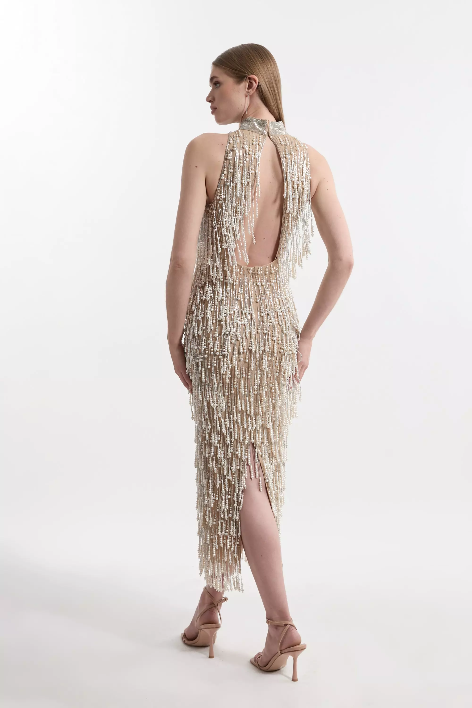 Petite Pearl Tassel Embellished Halter Neck Woven Midi Dress