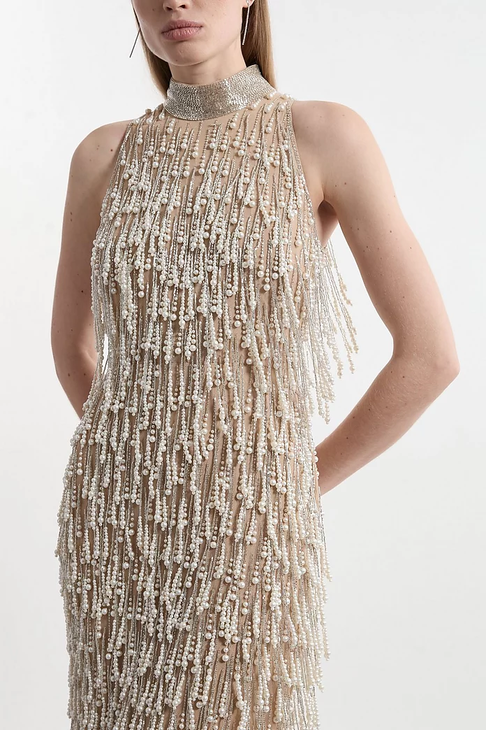 Pearl Tassel Embellished Halter Neck Woven Midi Dress Pearl Tassel Embellished Halter Neck Woven Midi Dress