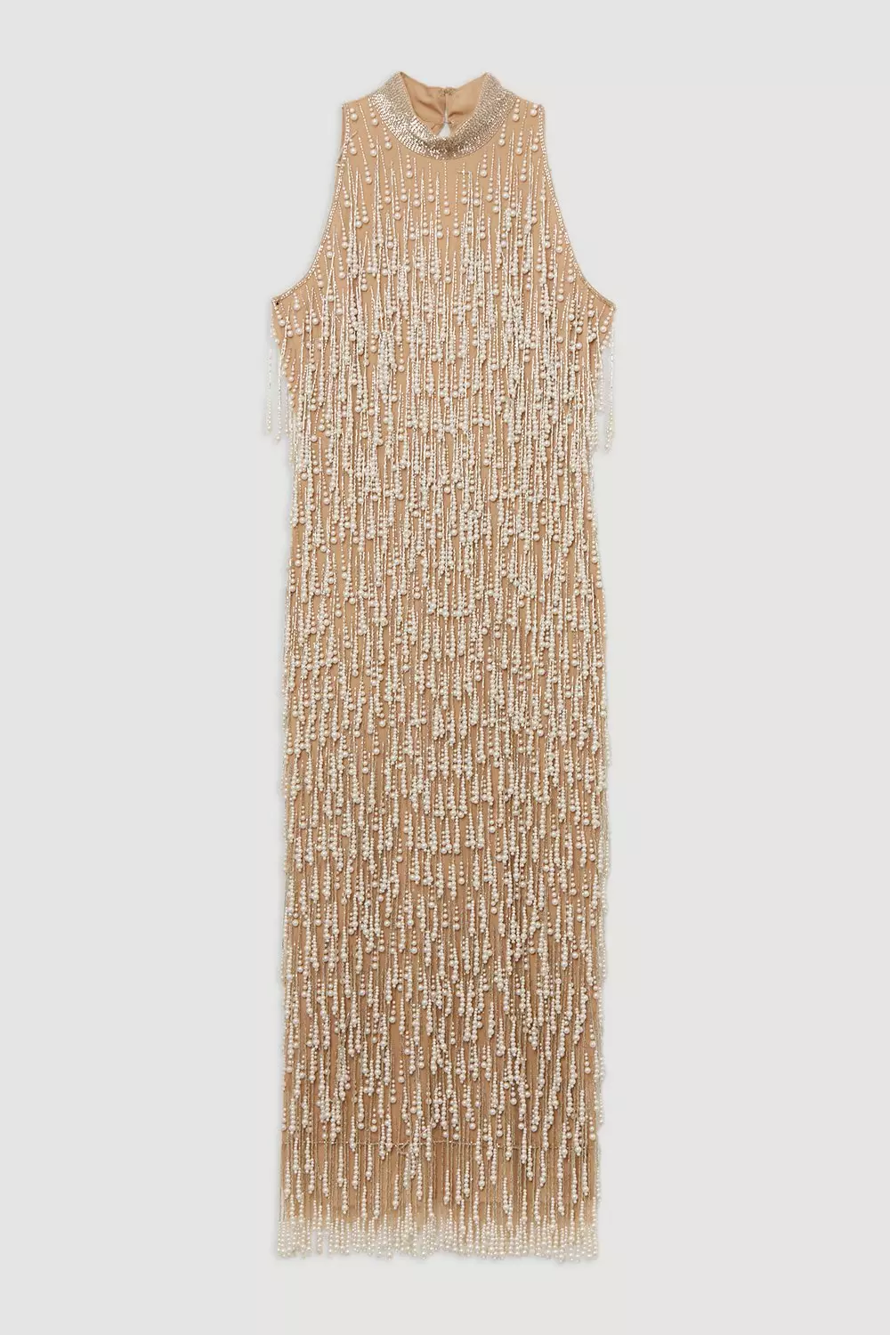 Premium Pearl Tassel Embellished Halter Neck Woven Midi