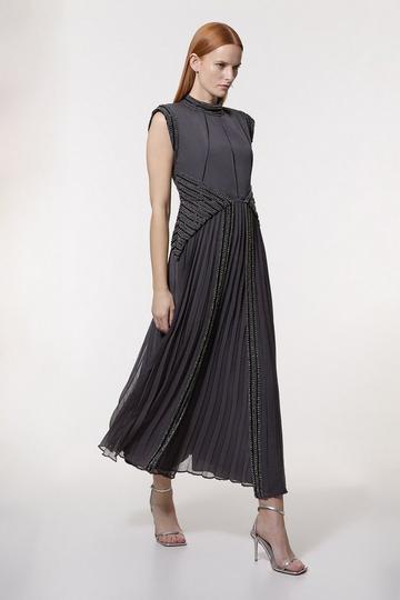 Embellished Beaded Woven Maxi Dress gun metal