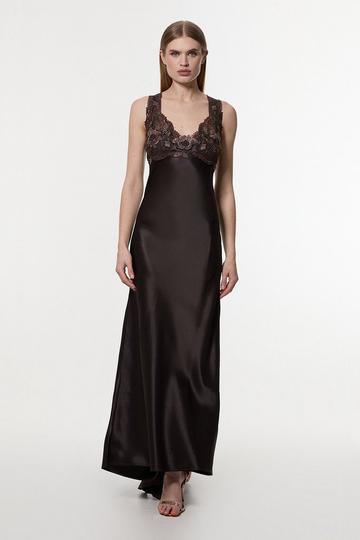 Tall Satin Guipure Lace Woven Maxi Slip Dress chocolate