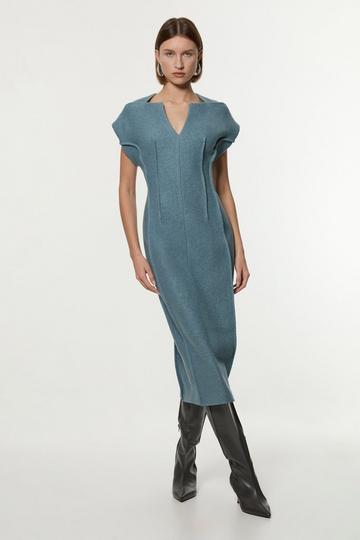 Blue Textured Wool Blend Darted Tailored Midi Dress