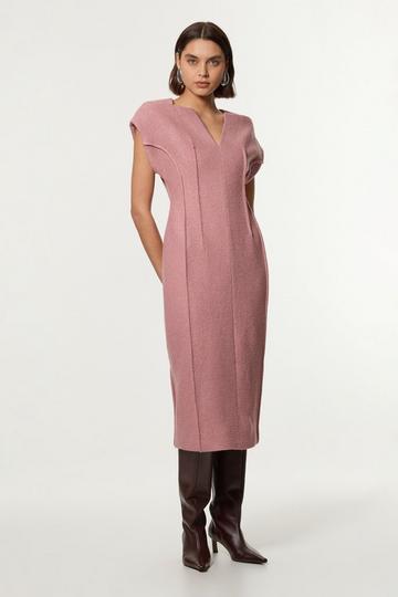 Textured Wool Blend Darted Tailored Midi Dress pink