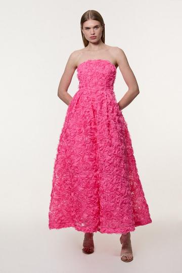 Pink Textured Rosette Prom Maxi Dress