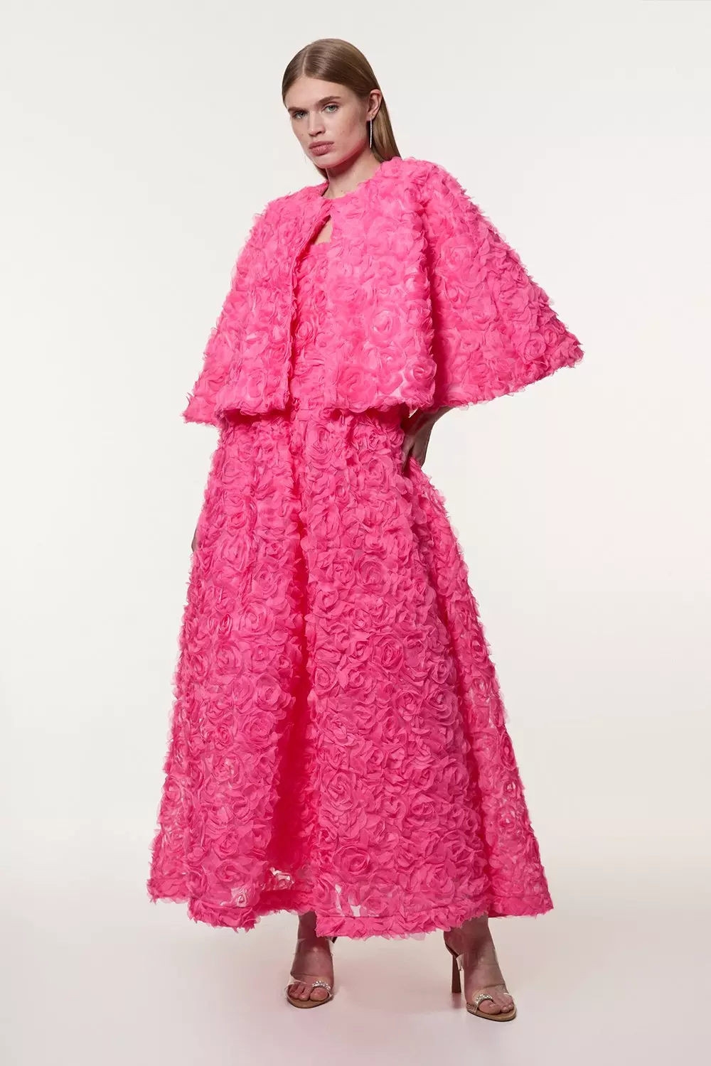 人気【Karen Millen】Rosette テクスチャー ロゼット ケープ 2色 Tall Textured Rosette Prom Maxi Dress | Karen Millen