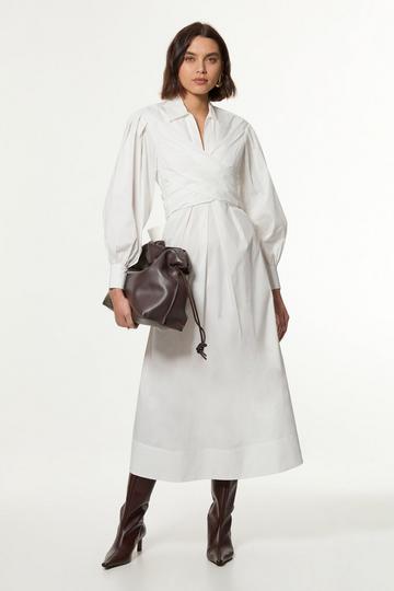 White Cotton Poplin Drama Sleeve Woven Wrap Detail Shirt Dress