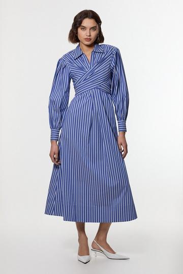 Stripe Cotton Poplin Drama Sleeve Woven Wrap Detail Shirt Dress stripe