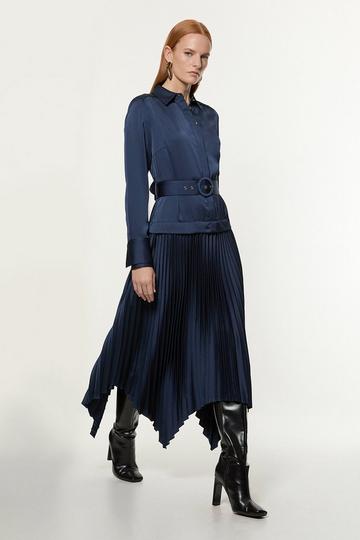 Satin Back Crepe Woven Pleat Shirt Dress navy