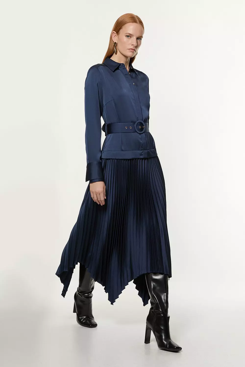 Karen Millen Womens Satin Back Crepe Woven Pleat Shirt Dress Navy Size 10