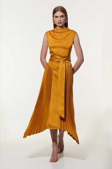 Satin Back Crepe Pleat Woven Midaxi Dress marigold