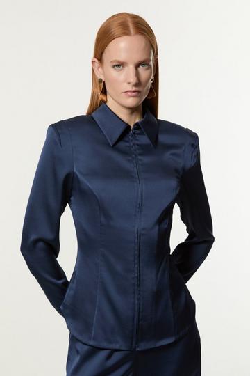 Satin Back Crepe Strong Shoulder Woven Zip Front Blouse navy