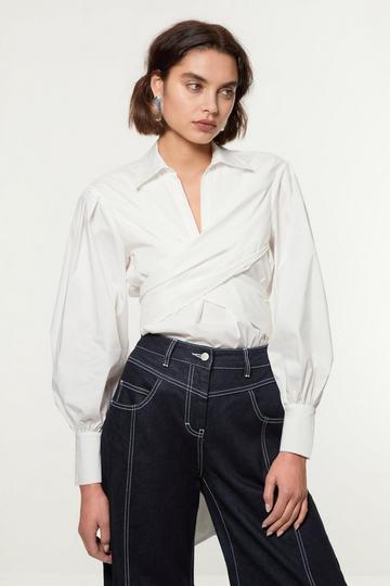 White Tall Cotton Poplin Drama Sleeve Woven Wrap Detail Blouse