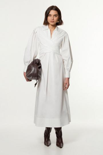 White Petite Cotton Poplin Drama Sleeve Woven Wrap Detail Shirt Dress