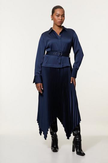 Plus Size Satin Back Crepe Woven Pleat Shirt Dress navy