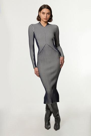 Navy Stripe Fitted Long Sleeve Knitted Midi Dress