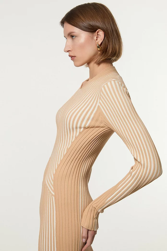 Stripe Fitted Long Sleeve Knitted Midi Dress | Karen Millen Stripe Fitted Long Sleeve Knitted Midi Dress | Karen Millen
