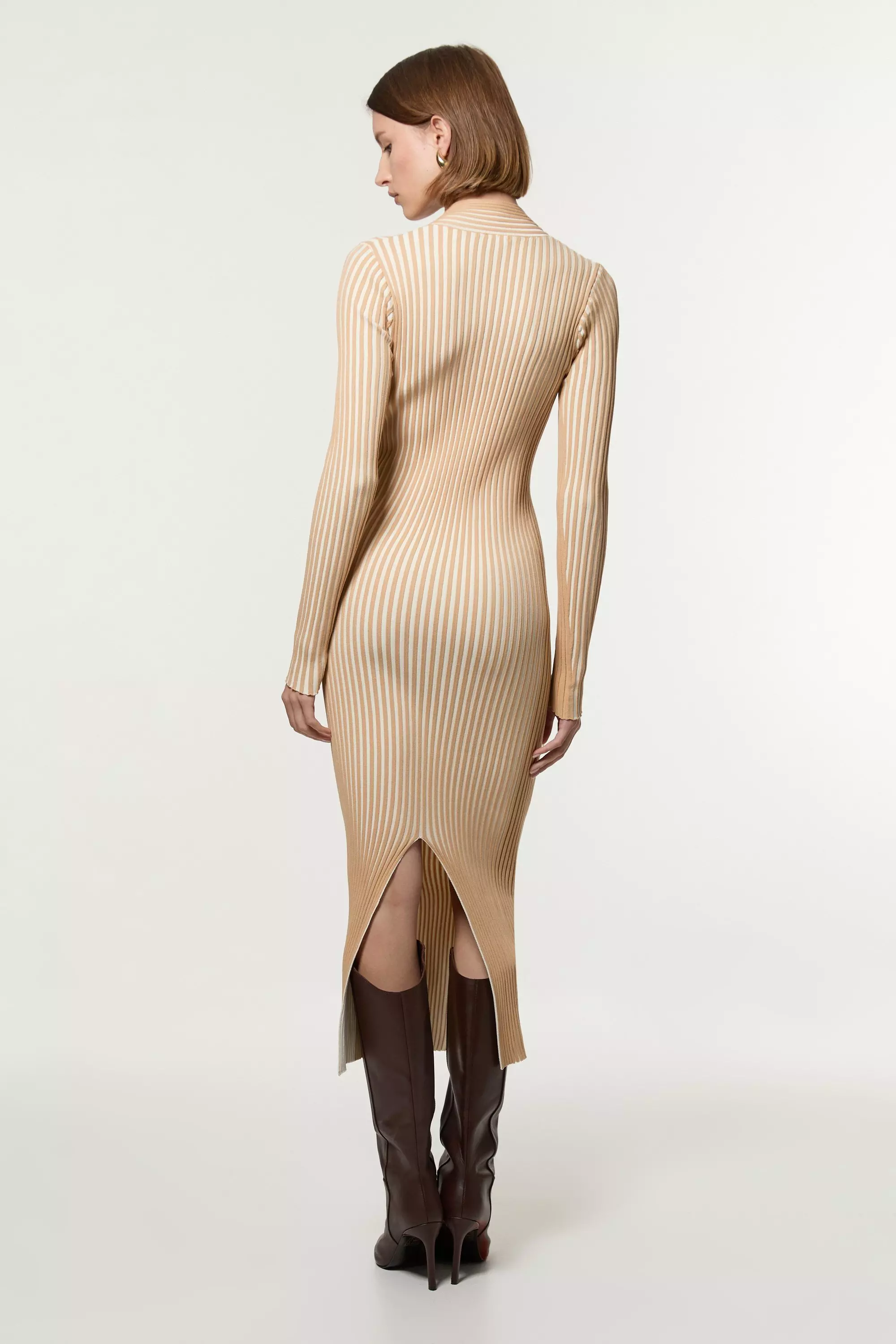 Stripe Fitted Long Sleeve Knitted Midi Dress | Karen Millen