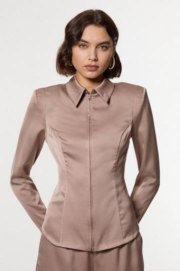 Petite Satin Back Crepe Strong Shoulder Woven Zip Front Blouse mocha