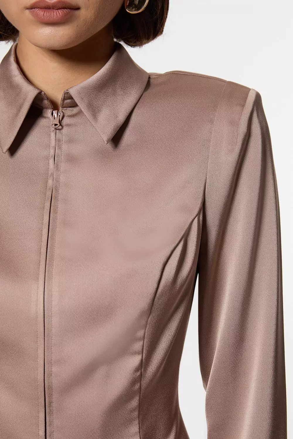 Petite Satin Back Crepe Strong Shoulder Woven Zip Front