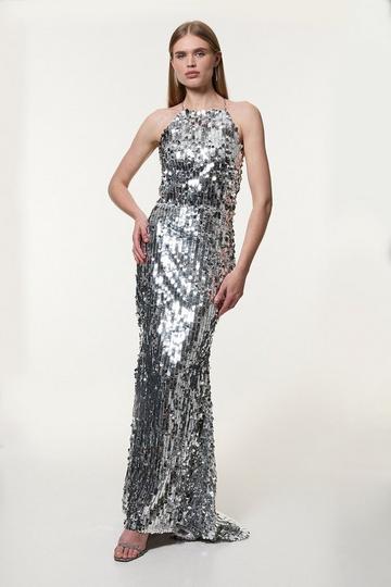 Sequin Fishtail Halterneck Maxi silver