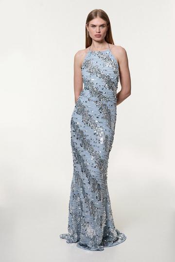 Petite Placed Sequin Fishtail Maxi blue