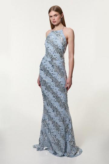 Tall Placed Sequin Fishtail Maxi blue