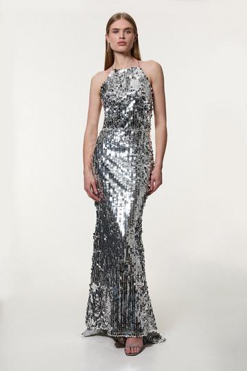 Petite Sequin Fishtail Halterneck Maxi silver