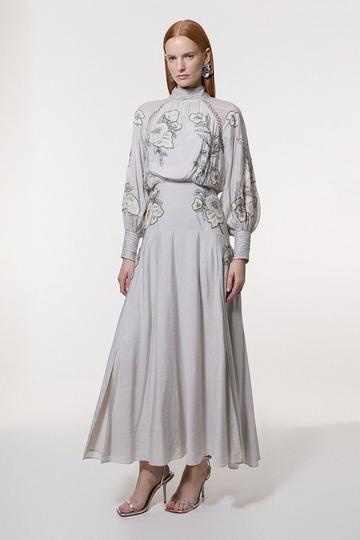 Balloon Sleeve Embroidered And Beaded Woven Maxi Dress silver