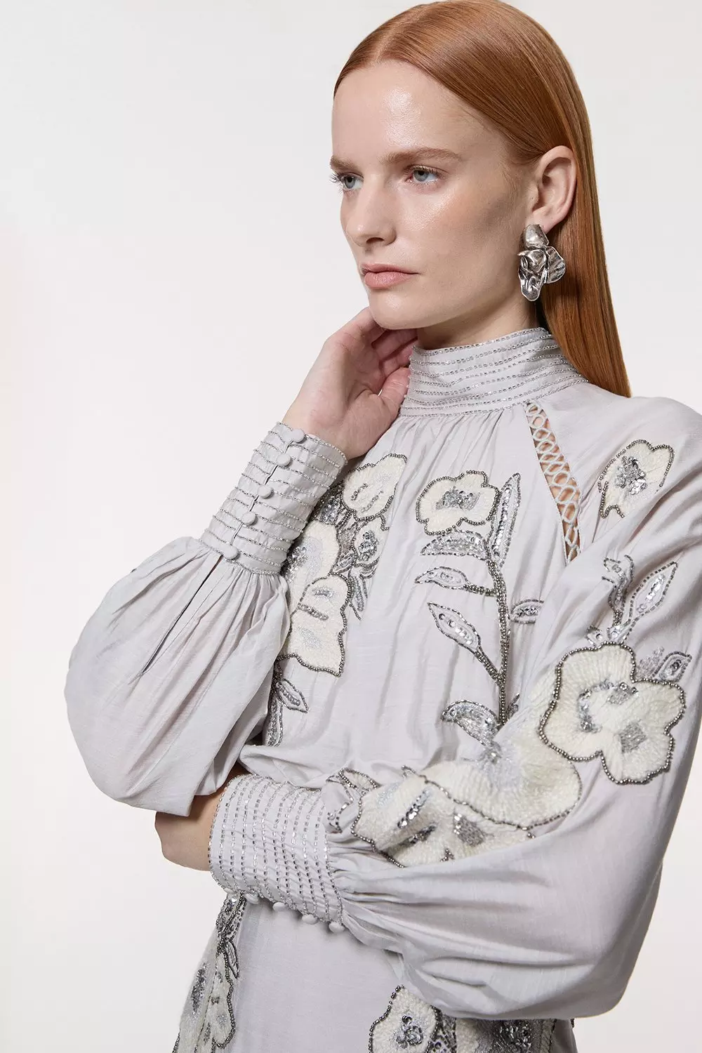 安心追跡【KAREN MILLEN】フローラル バルーンスリーブ ドレス Balloon Sleeve Embroidered And Beaded Woven Maxi Dress