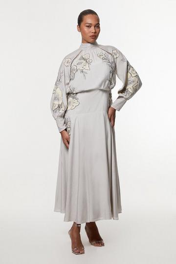 Plus Size Balloon Sleeve Embroidered And Beaded Woven Maxi Dress silver