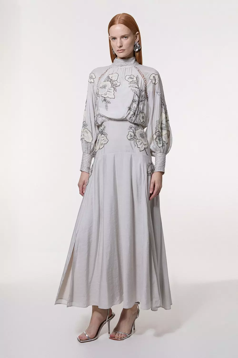 Petite Balloon Sleeve Embroidered And Beaded Woven Maxi