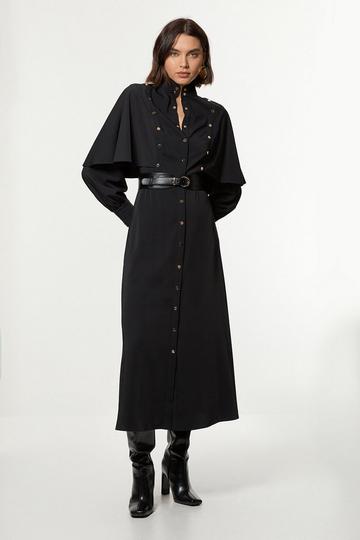 Black Studded Crepe Cape Sleeve Woven Maxi Dress