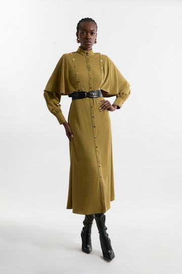 Studded Crepe Cape Sleeve Woven Midi Dress khaki