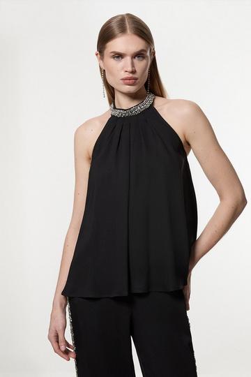 Hand Embellished Cady Halter Neck Blouse black