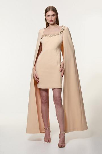 Petite Crystal Embellished Viscose Crepe Woven Cape Mini Dress apricot