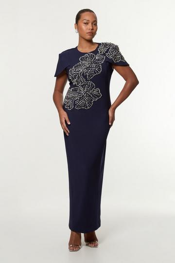 Plus Size Placed Floral Crystal Embellished Tailored Cape Maxi Dress navy