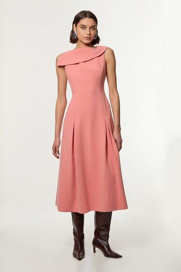 Compact Stretch Asymmetric Neck Tailored Full Skirted Dress coral